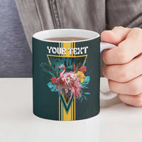 Dark teal ceramic mug in hand with flamingo tropical flowers and "YOUR TEXT"