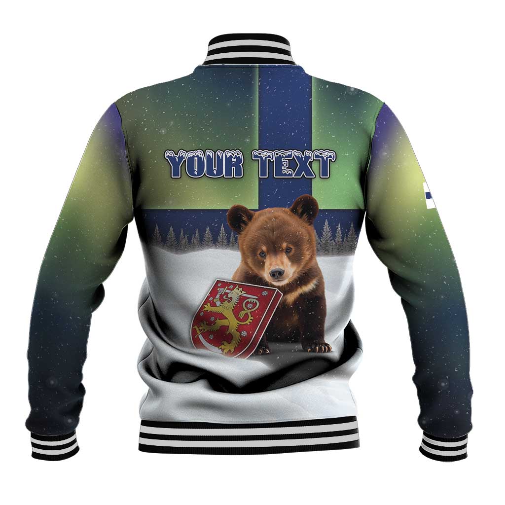 Personalized Finland Baseball Jacket Brown Bear With Symbol Under The Aurora Sky - Wonder Print Shop