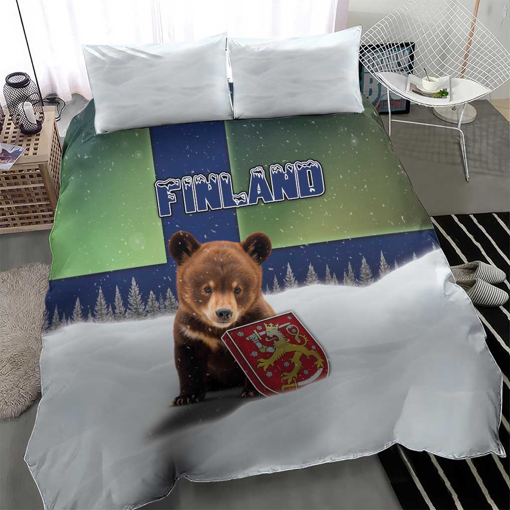 Finland Bedding Set Brown Bear With Symbol Under The Aurora Sky - Wonder Print Shop