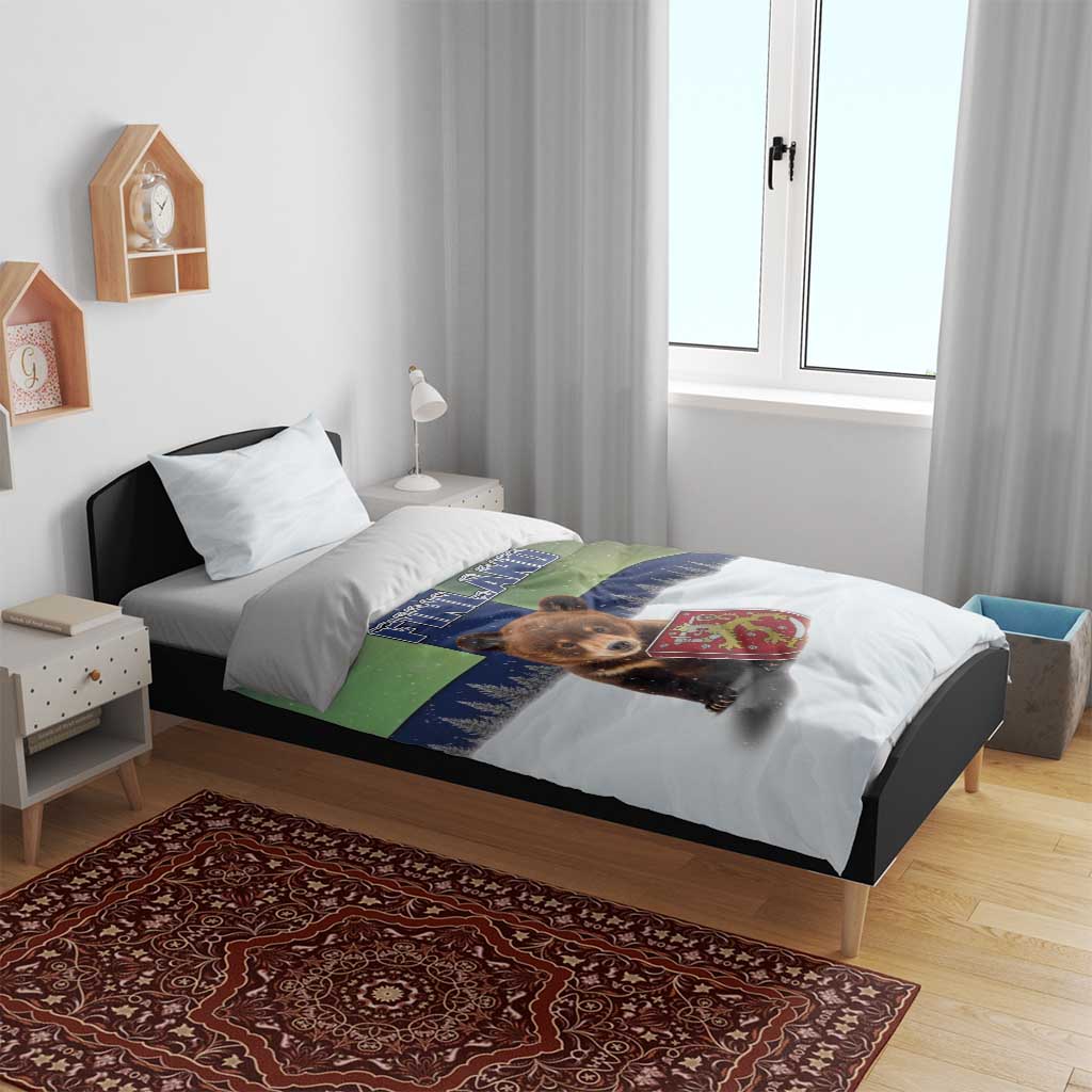Finland Bedding Set Brown Bear With Symbol Under The Aurora Sky - Wonder Print Shop