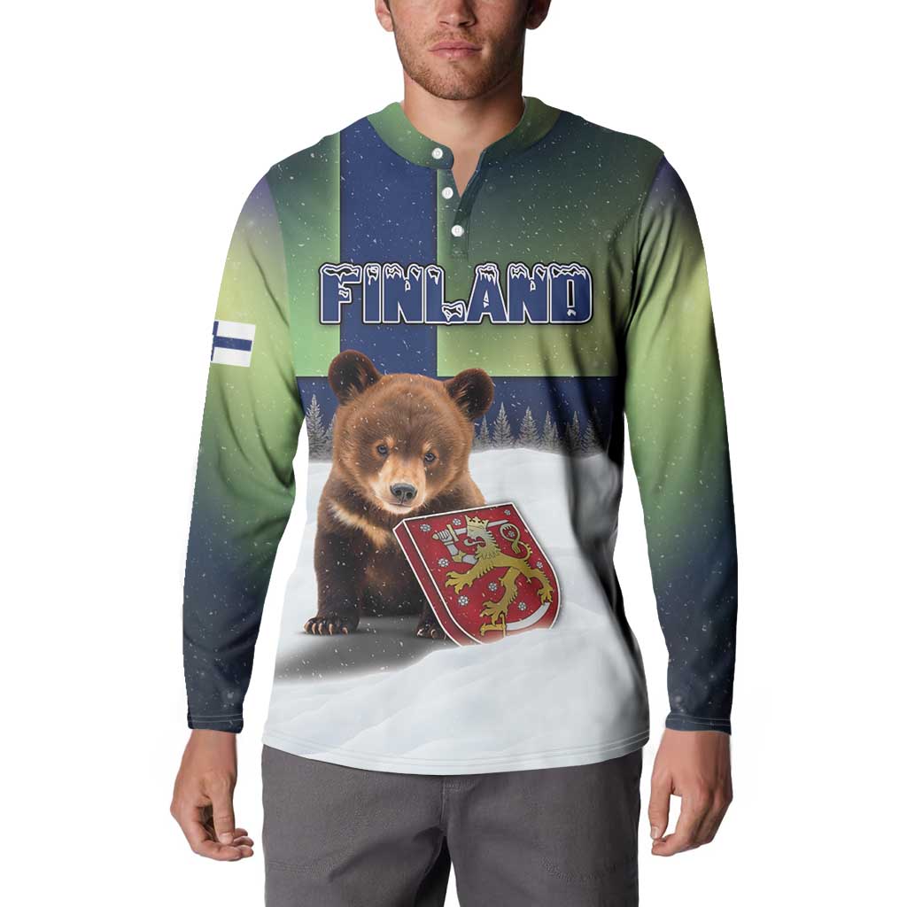 Personalized Finland Button Sweatshirt Brown Bear With Symbol Under The Aurora Sky - Wonder Print Shop