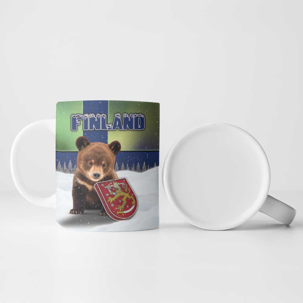 Personalized Finland Ceramic Mug Brown Bear With Symbol Under The Aurora Sky - Wonder Print Shop