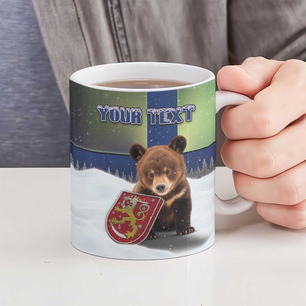 Personalized Finland Ceramic Mug Brown Bear With Symbol Under The Aurora Sky - Wonder Print Shop