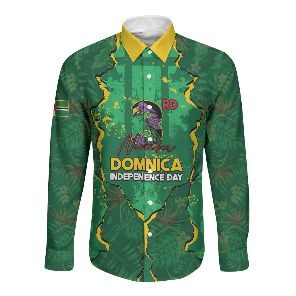 Personalized Dominica Independence Day Long Sleeve Button Shirt Sisserou Parrot Caribbean Tropical Foliage