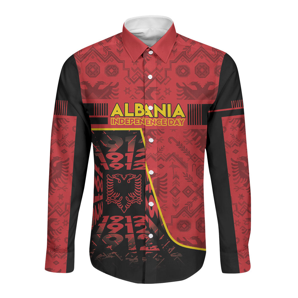 Personalized Albania Independence Day Long Sleeve Button Shirt Double Headed Eagle 1912 Folk Pattern