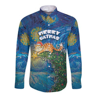 Merry Catmas Long Sleeve Button Shirt Cat Hanging On Xmas Tree - Wonder Print Shop