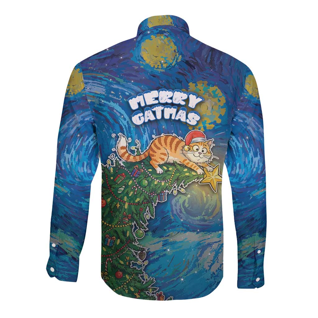Merry Catmas Long Sleeve Button Shirt Cat Hanging On Xmas Tree - Wonder Print Shop