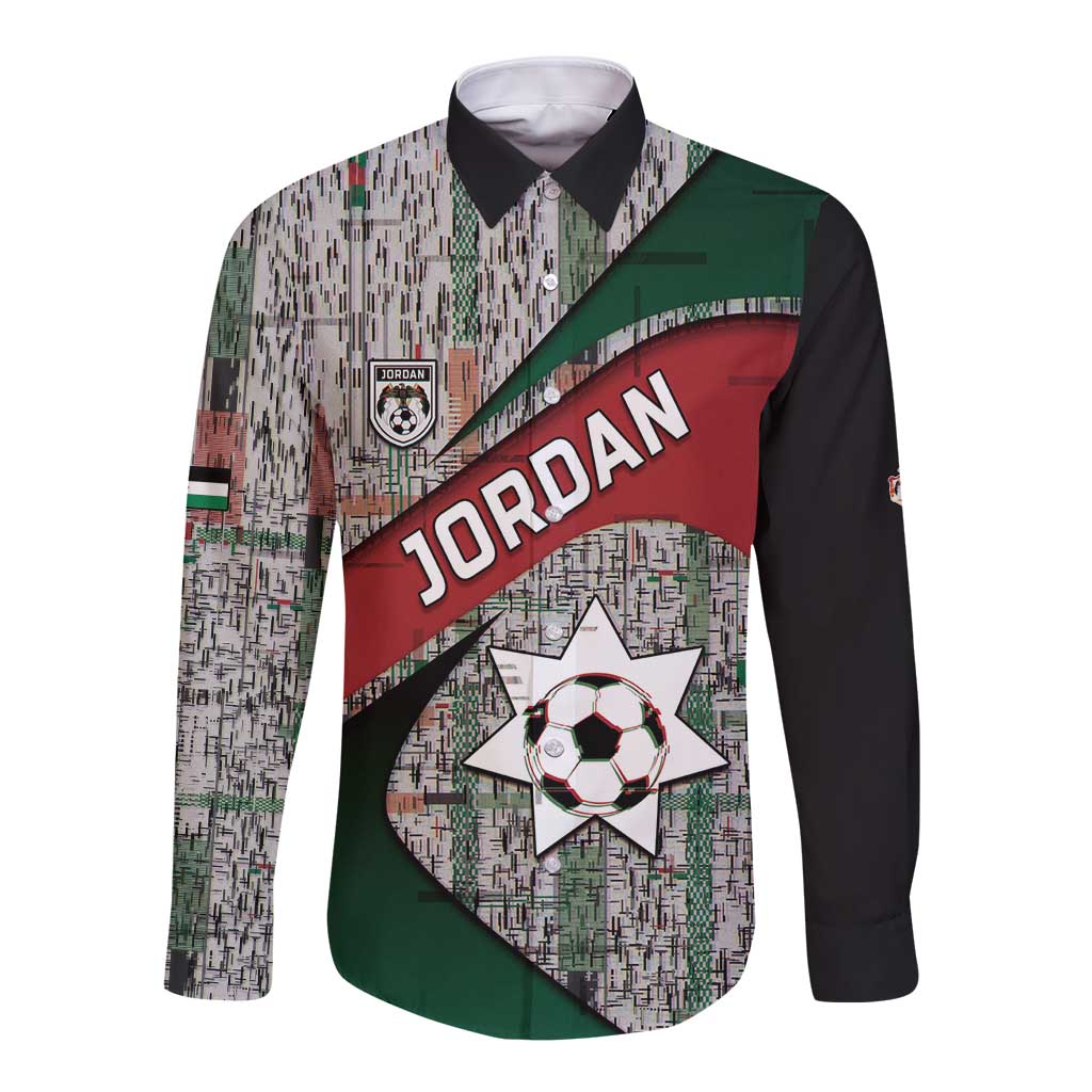 Custom Jordan Football Long Sleeve Button Shirt Jordanian National Flag Colors Retro Glitch Art