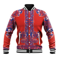 Red Russian National Costume Baseball Jacket Rooster Motifs Traditional Folk Pattern - Wonder Print Shop