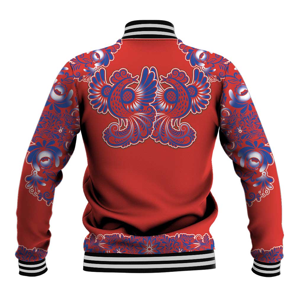 Red Russian National Costume Baseball Jacket Rooster Motifs Traditional Folk Pattern - Wonder Print Shop
