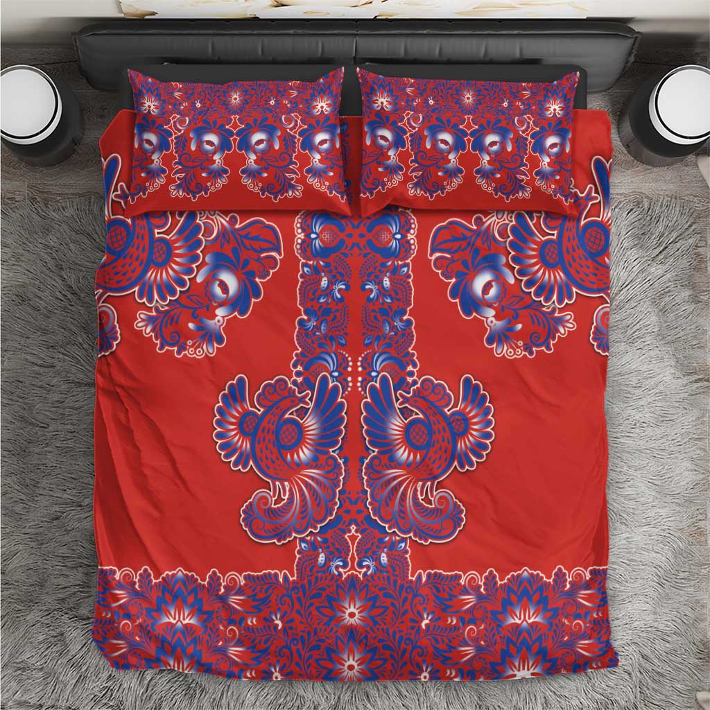 Red Russian National Costume Bedding Set Rooster Motifs Traditional Folk Pattern - Wonder Print Shop
