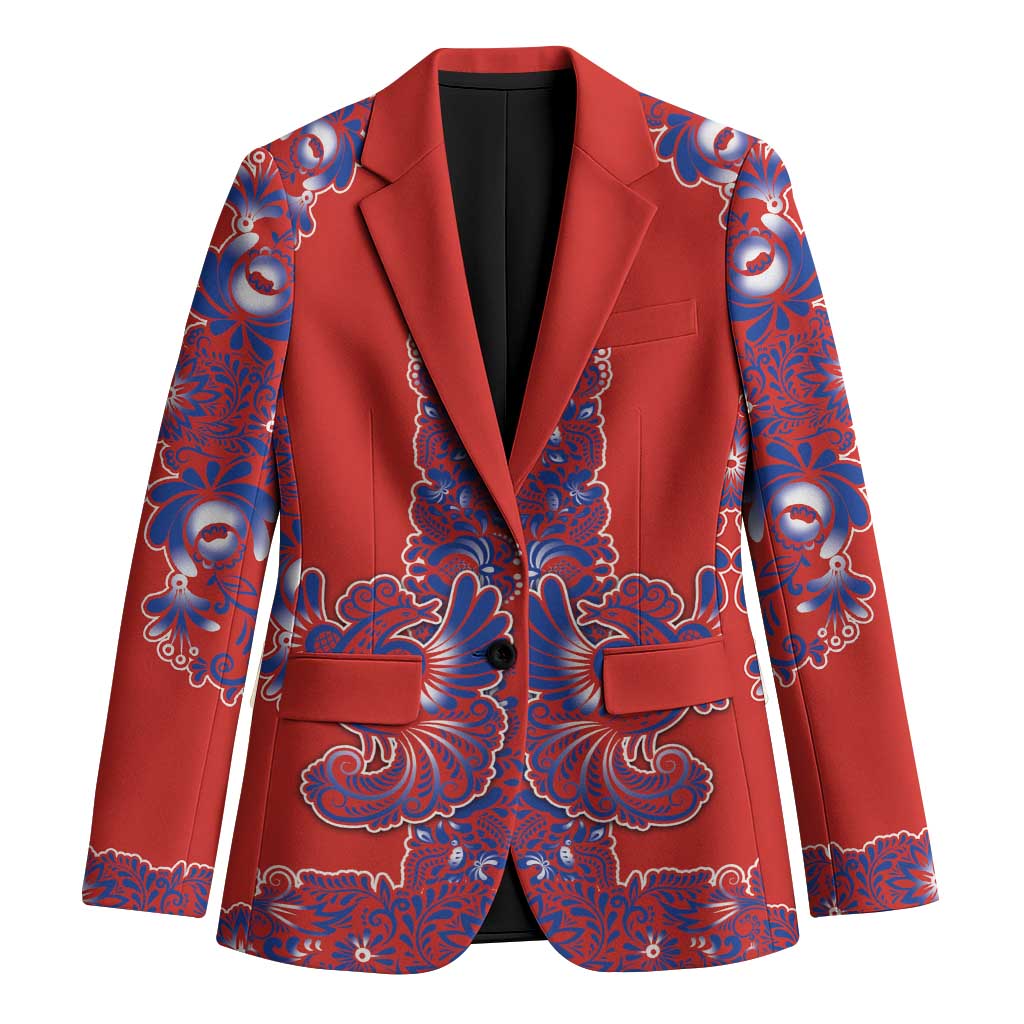 Red Russian National Costume Blazer Rooster Motifs Traditional Folk Pattern - Wonder Print Shop