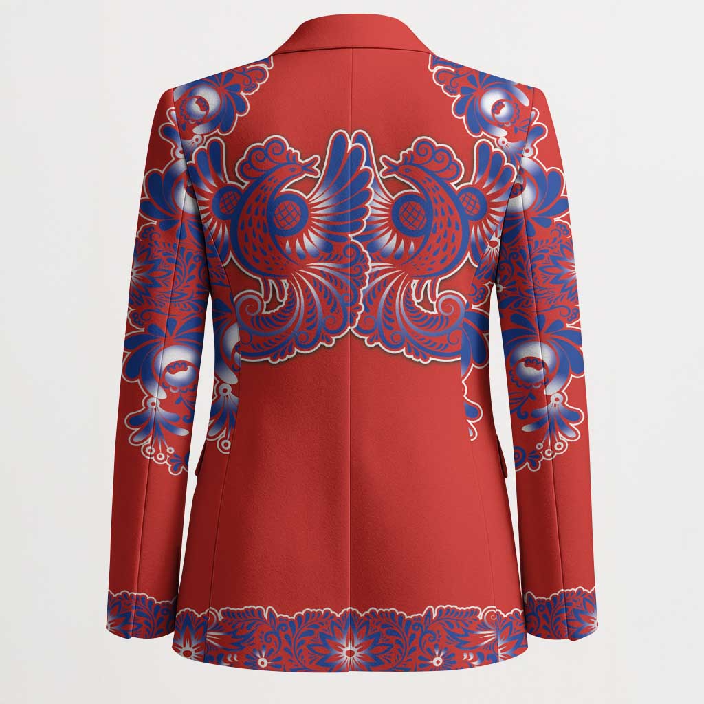 Red Russian National Costume Blazer Rooster Motifs Traditional Folk Pattern - Wonder Print Shop