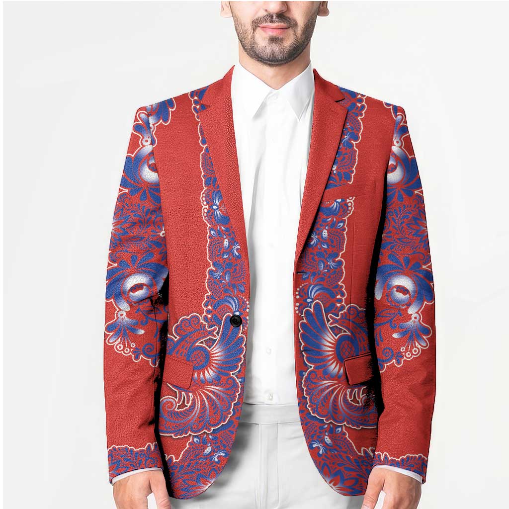 Red Russian National Costume Blazer Rooster Motifs Traditional Folk Pattern - Wonder Print Shop