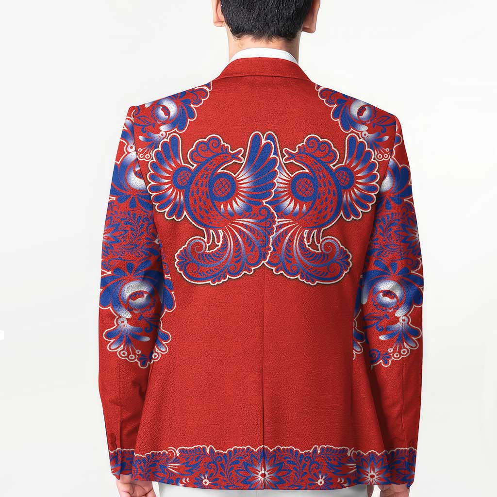Red Russian National Costume Blazer Rooster Motifs Traditional Folk Pattern - Wonder Print Shop