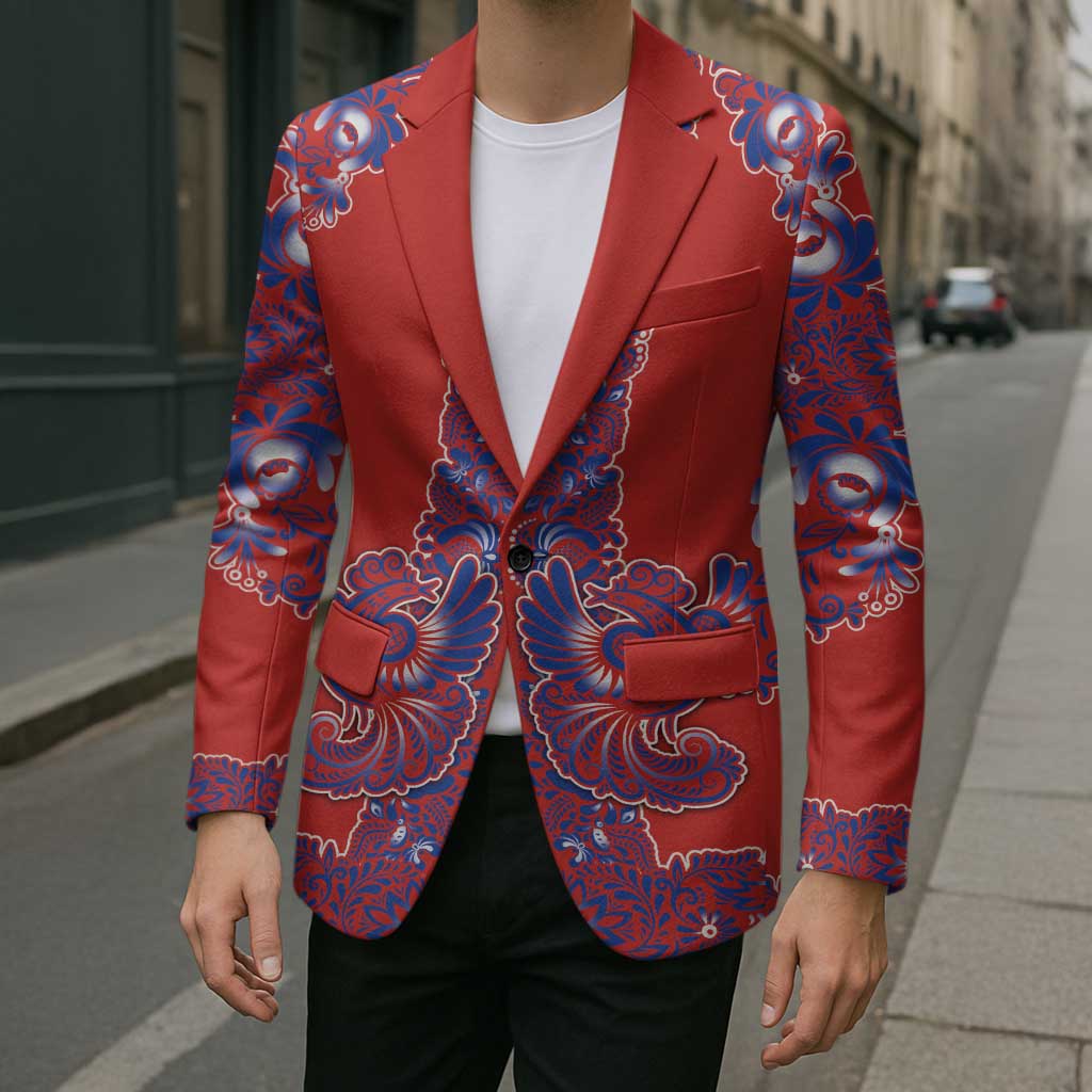 Red Russian National Costume Blazer Rooster Motifs Traditional Folk Pattern - Wonder Print Shop