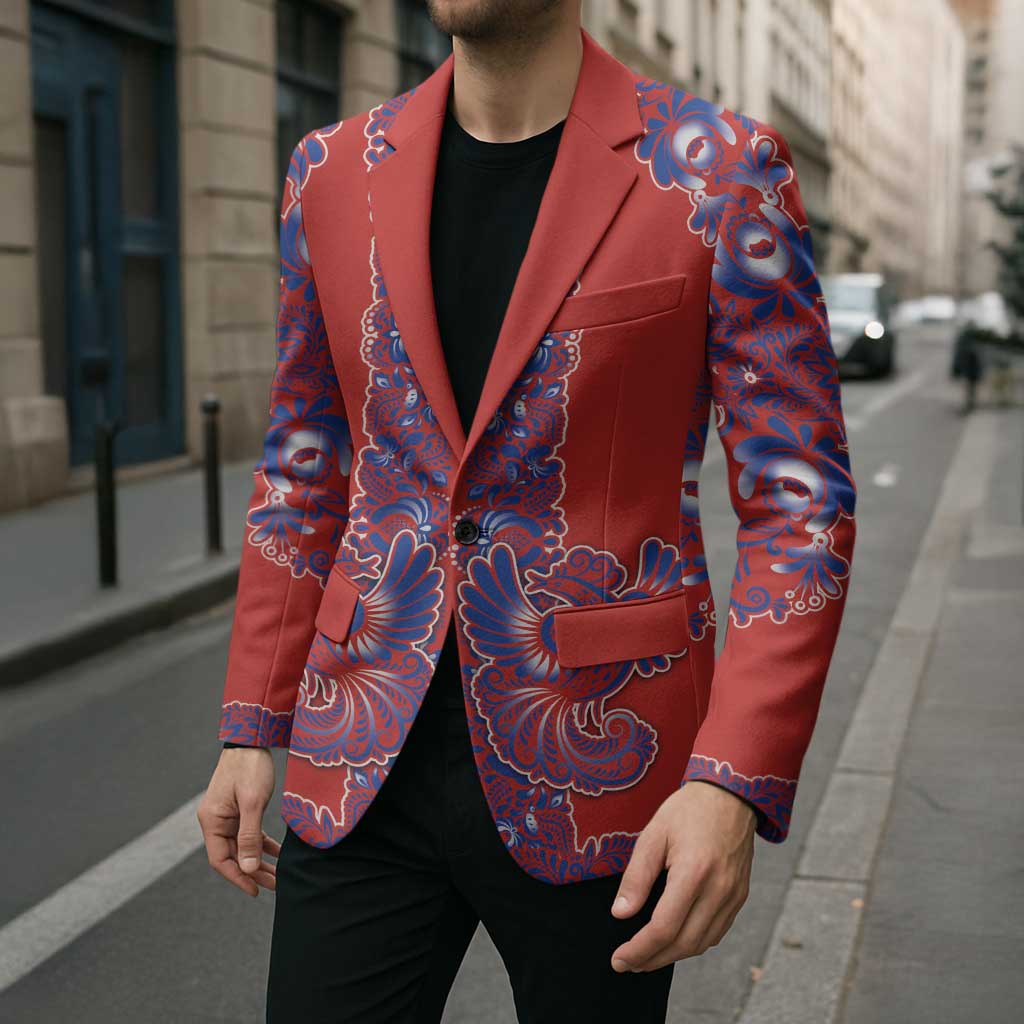 Red Russian National Costume Blazer Rooster Motifs Traditional Folk Pattern - Wonder Print Shop
