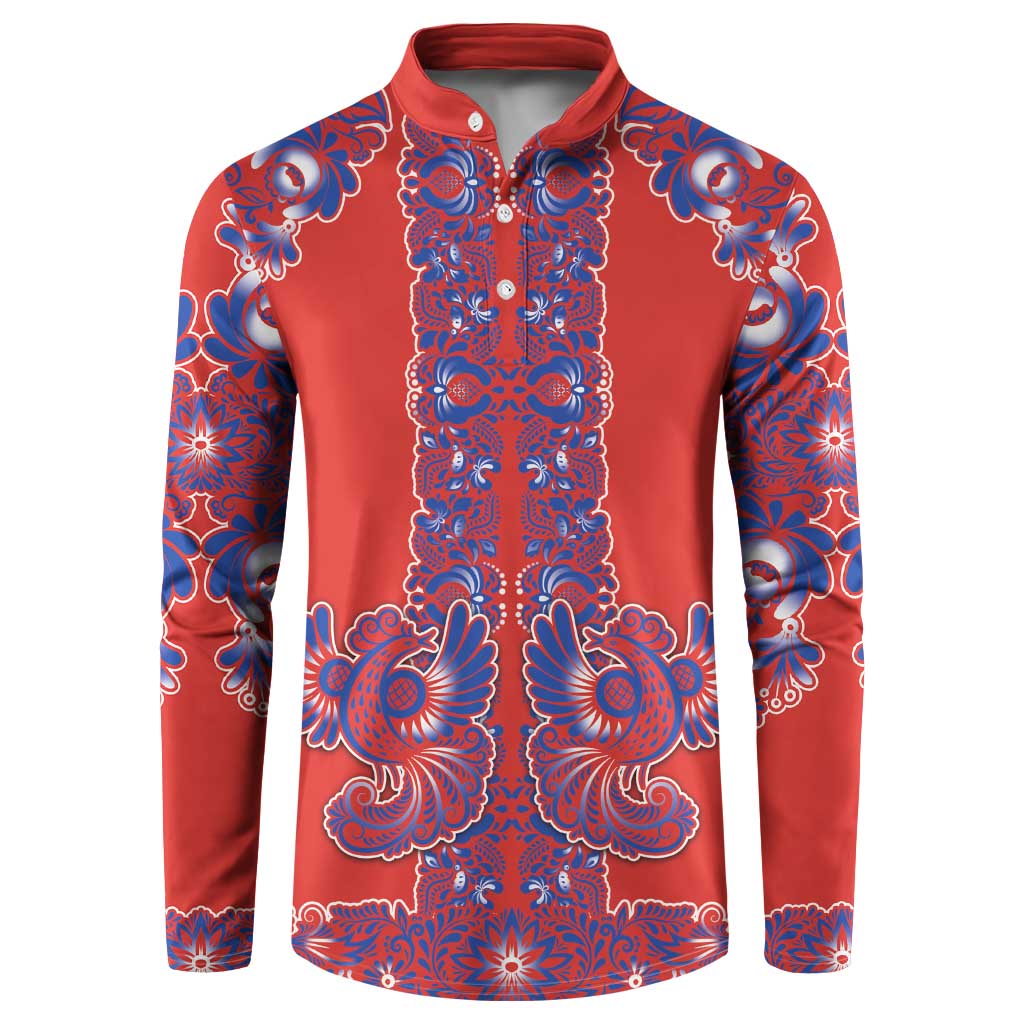 Red Russian National Costume Button Sweatshirt Rooster Motifs Traditional Folk Pattern - Wonder Print Shop
