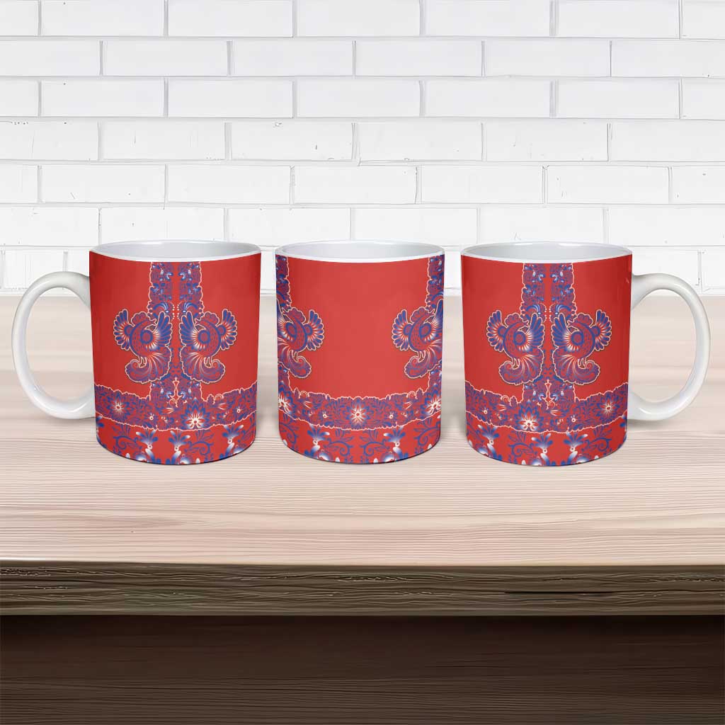 Red Russian National Costume Ceramic Mug Rooster Motifs Traditional Folk Pattern - Wonder Print Shop