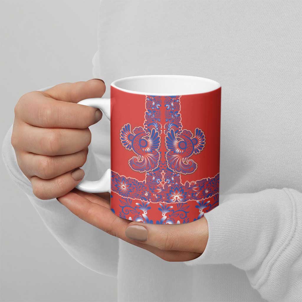 Red Russian National Costume Ceramic Mug Rooster Motifs Traditional Folk Pattern - Wonder Print Shop