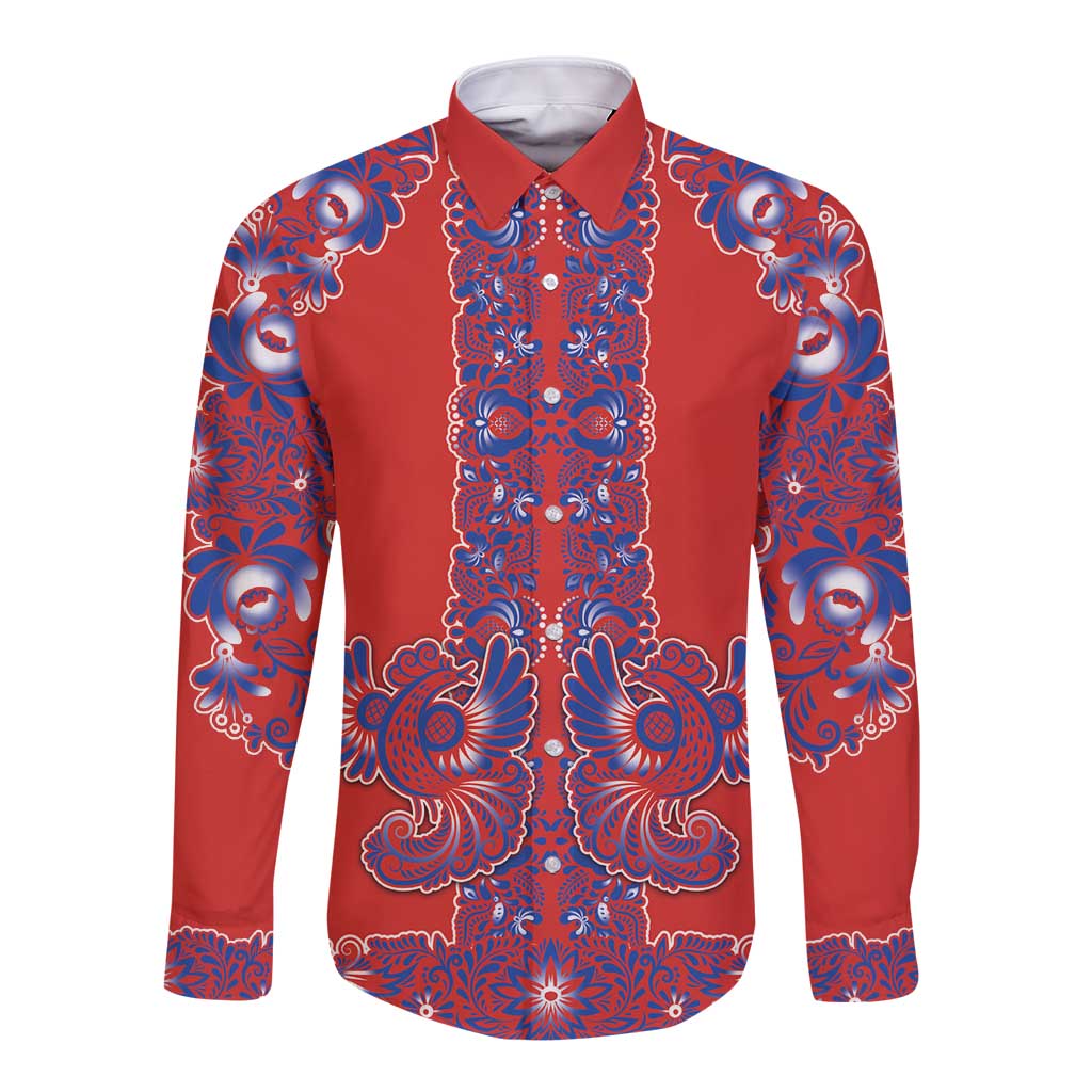 Red Russian National Costume Long Sleeve Button Shirt Rooster Motifs Traditional Folk Pattern - Wonder Print Shop