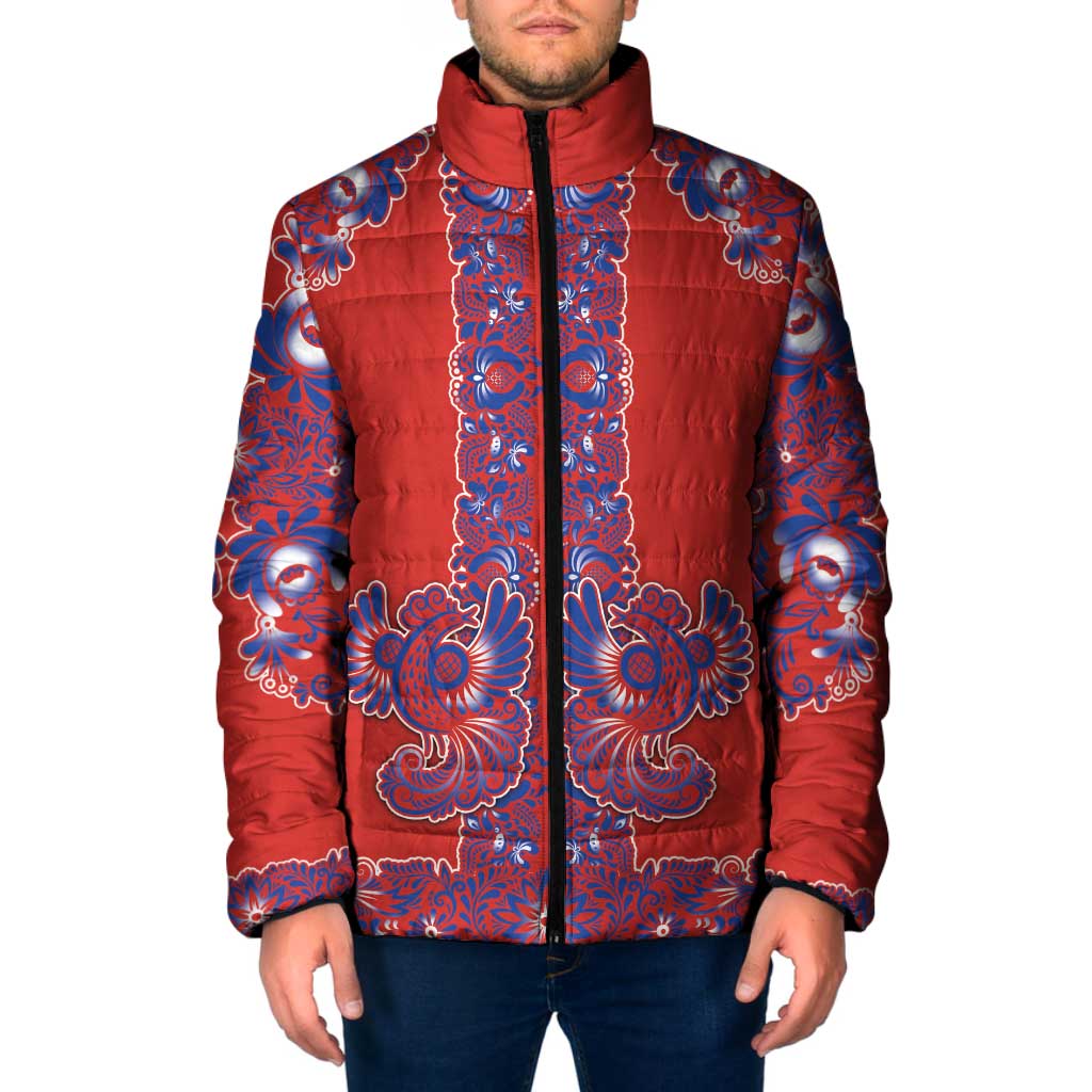 Red Russian National Costume Padded Jacket Rooster Motifs Traditional Folk Pattern - Wonder Print Shop