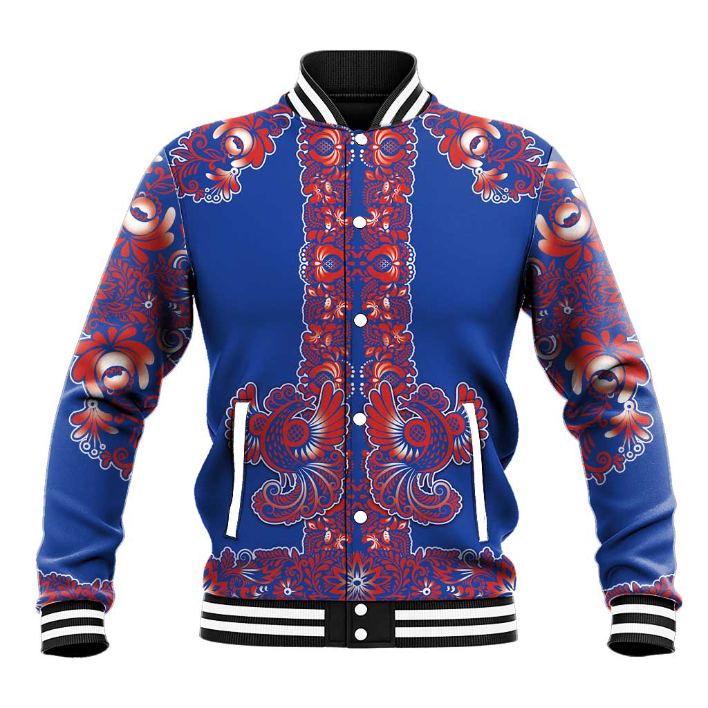 Blue Russian National Costume Baseball Jacket Rooster Motifs Traditional Folk Pattern - Wonder Print Shop