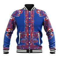 Blue Russian National Costume Baseball Jacket Rooster Motifs Traditional Folk Pattern - Wonder Print Shop