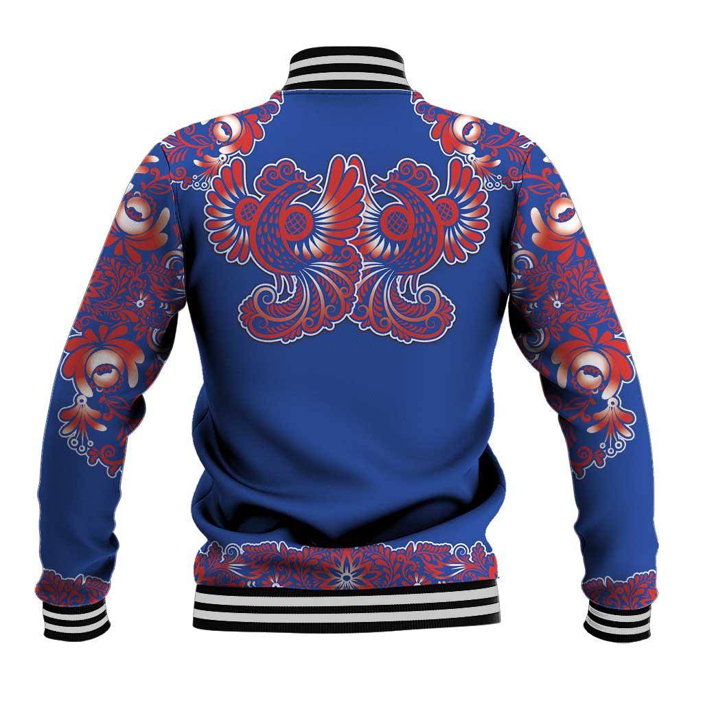 Blue Russian National Costume Baseball Jacket Rooster Motifs Traditional Folk Pattern - Wonder Print Shop