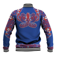 Blue Russian National Costume Baseball Jacket Rooster Motifs Traditional Folk Pattern - Wonder Print Shop
