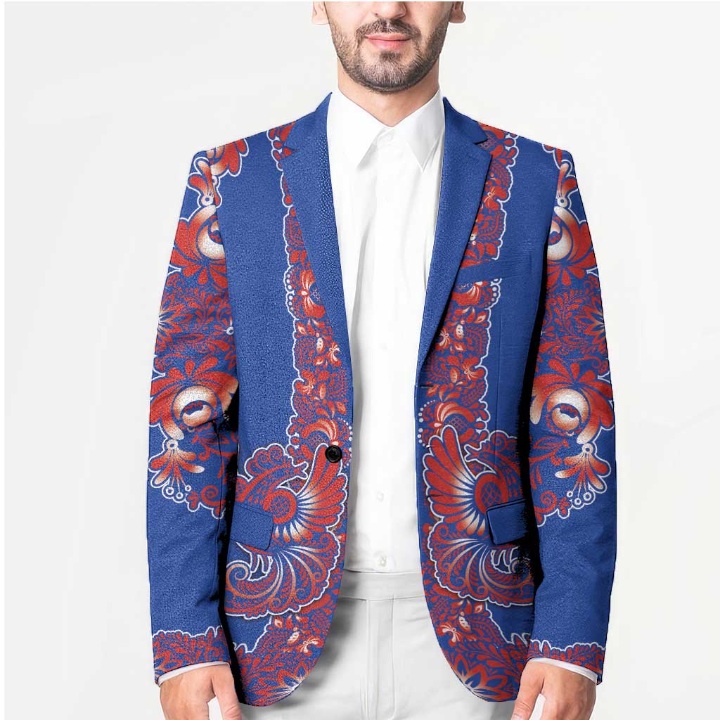 Blue Russian National Costume Blazer Rooster Motifs Traditional Folk Pattern - Wonder Print Shop