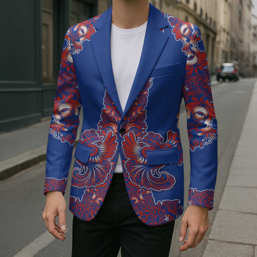Blue Russian National Costume Blazer Rooster Motifs Traditional Folk Pattern - Wonder Print Shop