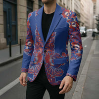 Blue Russian National Costume Blazer Rooster Motifs Traditional Folk Pattern - Wonder Print Shop