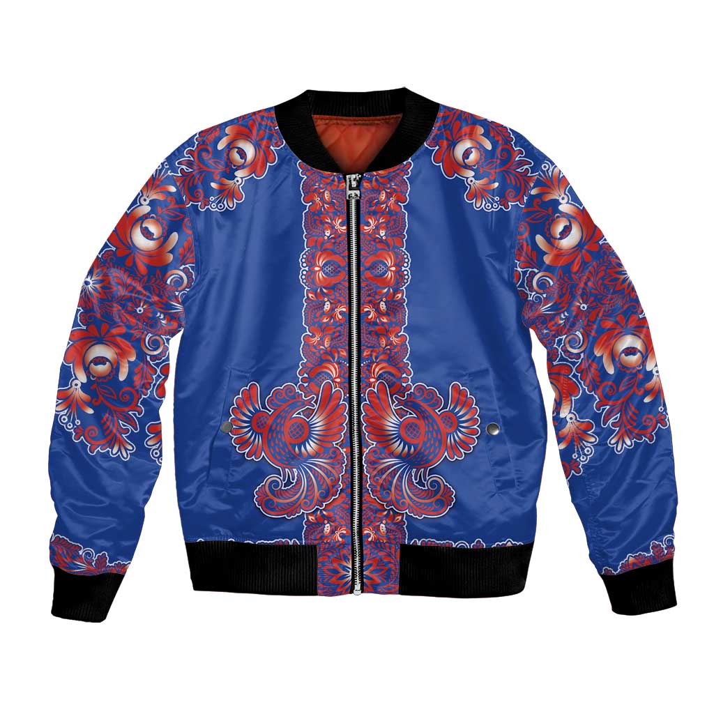 Blue Russian National Costume Bomber Jacket Rooster Motifs Traditional Folk Pattern - Wonder Print Shop