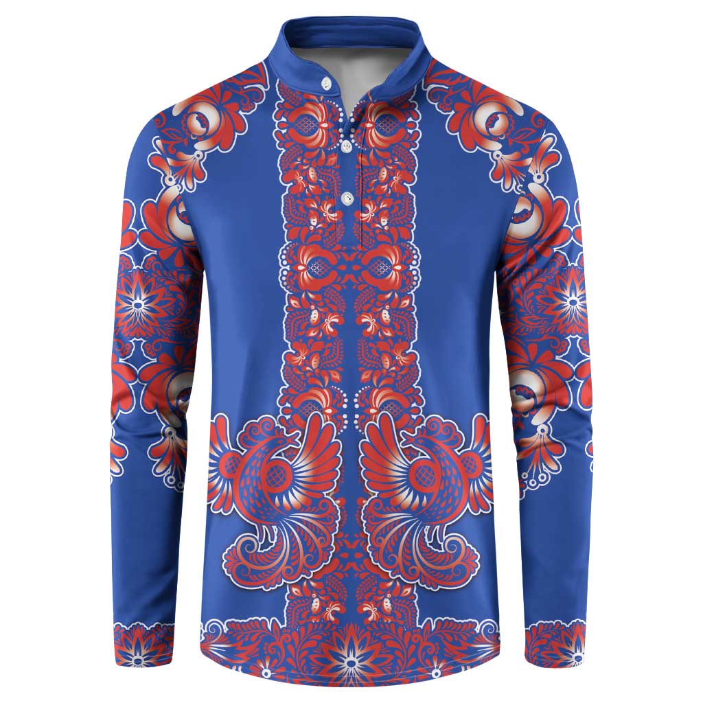 Blue Russian National Costume Button Sweatshirt Rooster Motifs Traditional Folk Pattern - Wonder Print Shop