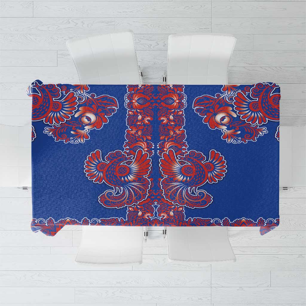 Blue Russian National Costume Tablecloth Rooster Motifs Traditional Folk Pattern - Wonder Print Shop