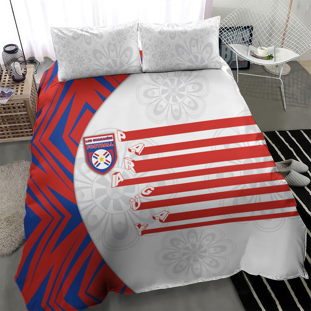 Paraguay Football Bedding Set Stripes Typography With Nanduti Flower Patterns