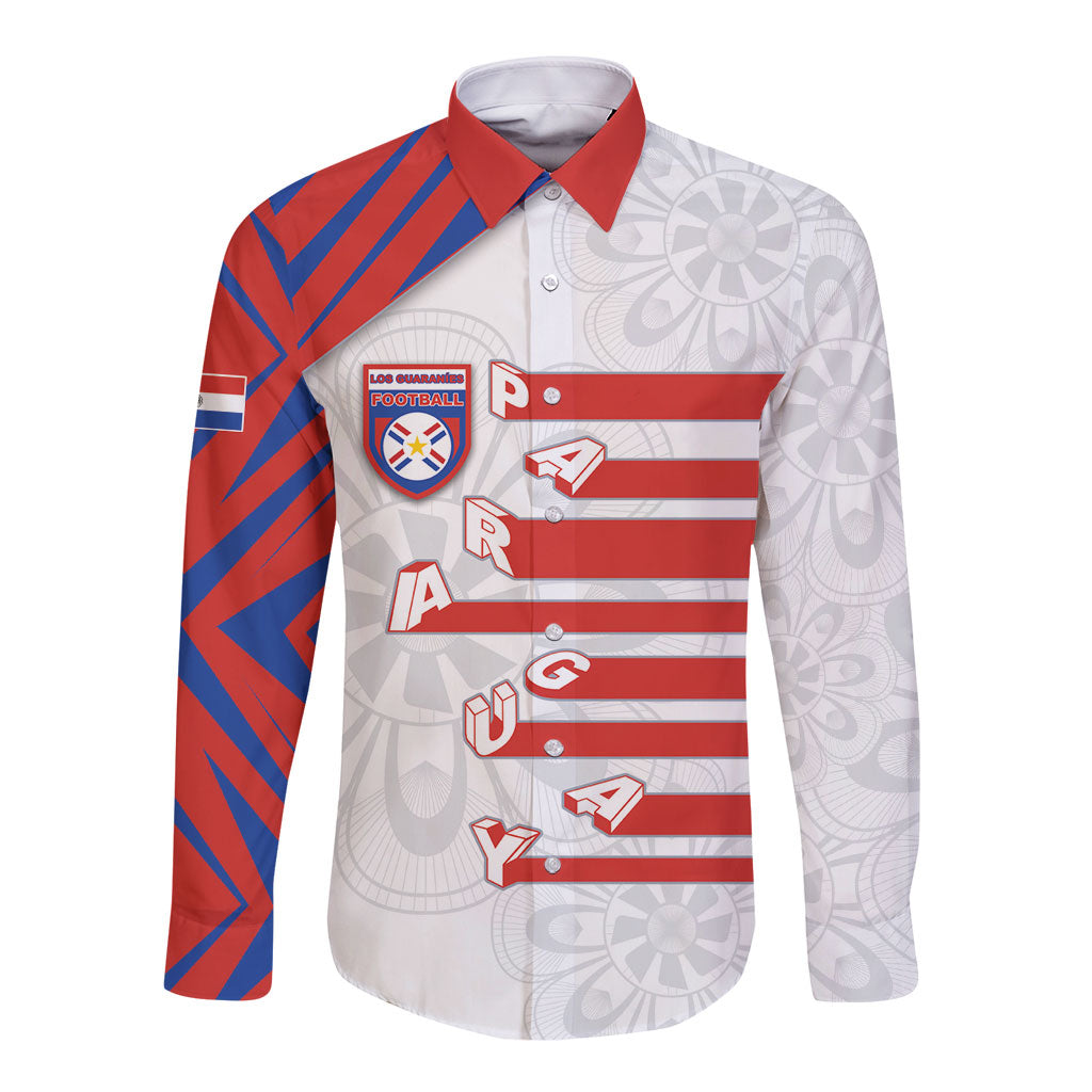 Custom Paraguay Football Long Sleeve Button Shirt Stripes Typography With Nanduti Flower Patterns