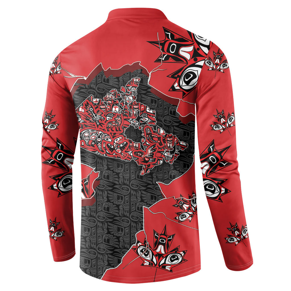 Canada National Indigenous Peoples Day Button Sweatshirt Red Map Haida Totem Patterns