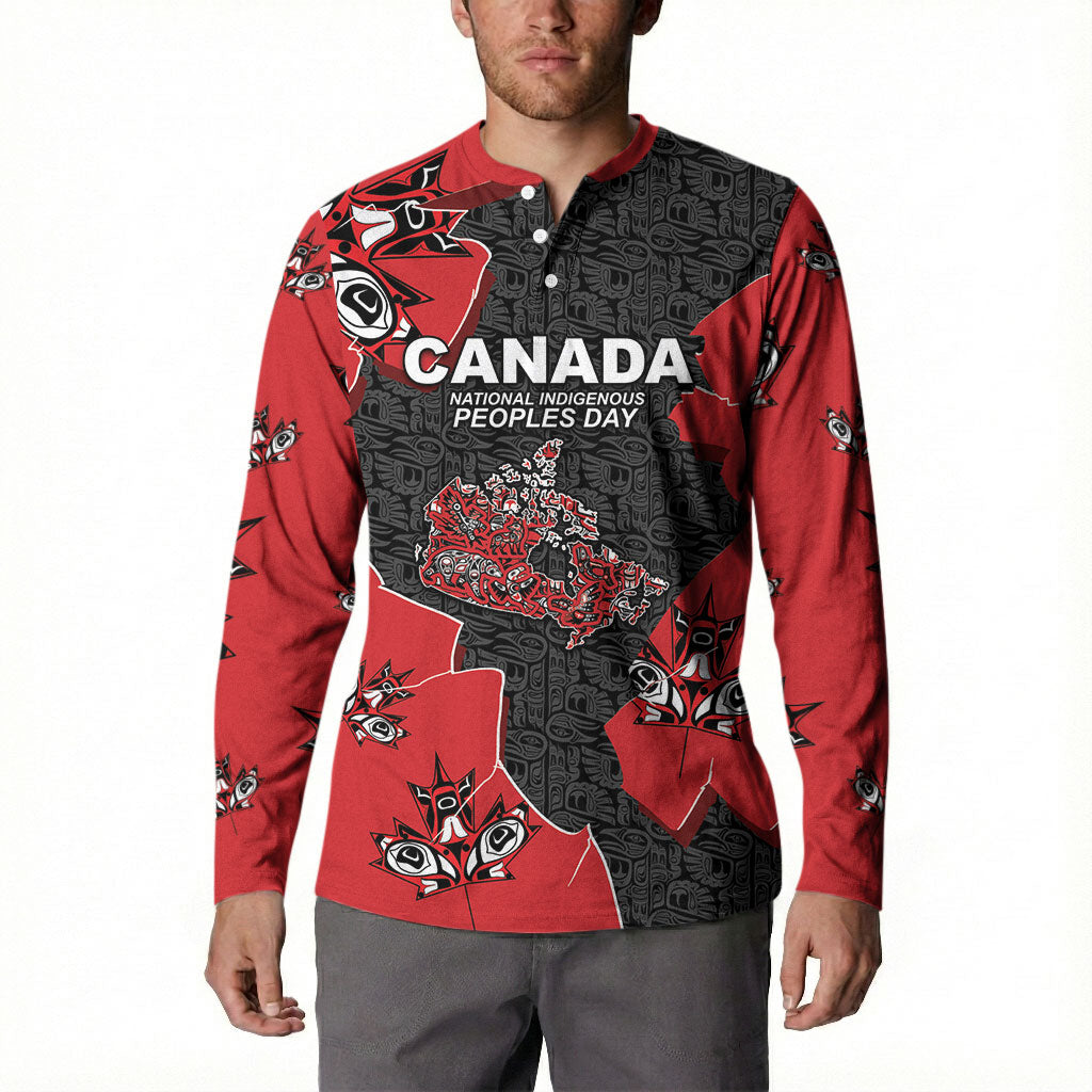 Canada National Indigenous Peoples Day Button Sweatshirt Red Map Haida Totem Patterns