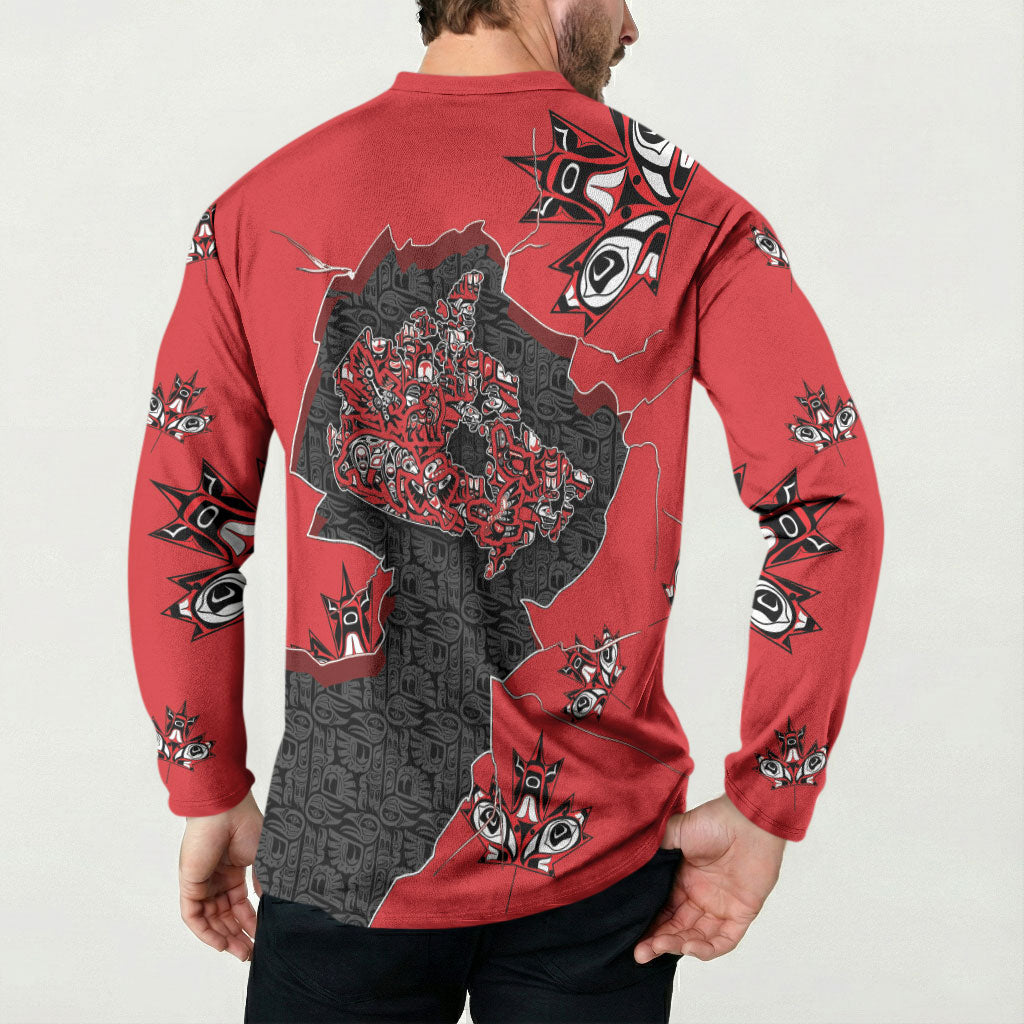 Canada National Indigenous Peoples Day Button Sweatshirt Red Map Haida Totem Patterns
