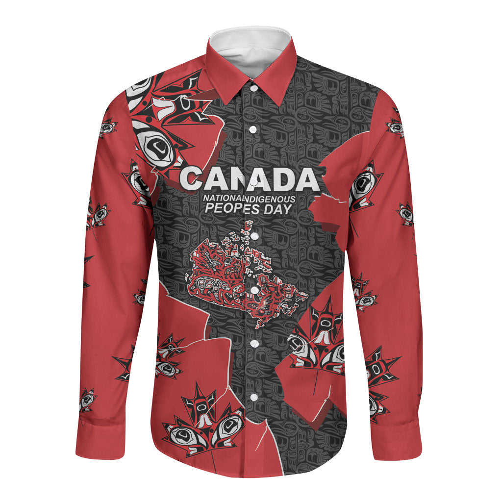 Canada National Indigenous Peoples Day Long Sleeve Button Shirt Red Map Haida Totem Patterns