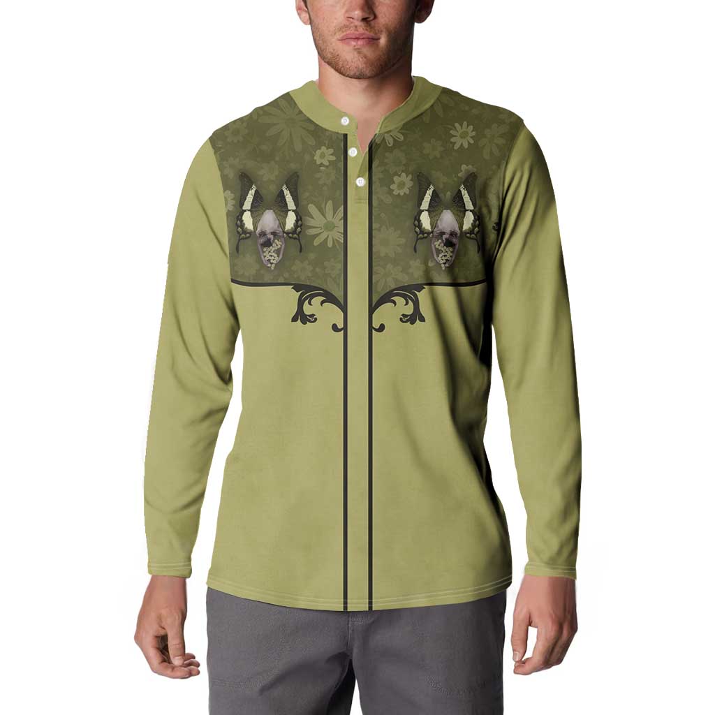 Western Gothic Yoke Button Sweatshirt Retro Butterfly With Daisy Garden - Wonder Print Shop