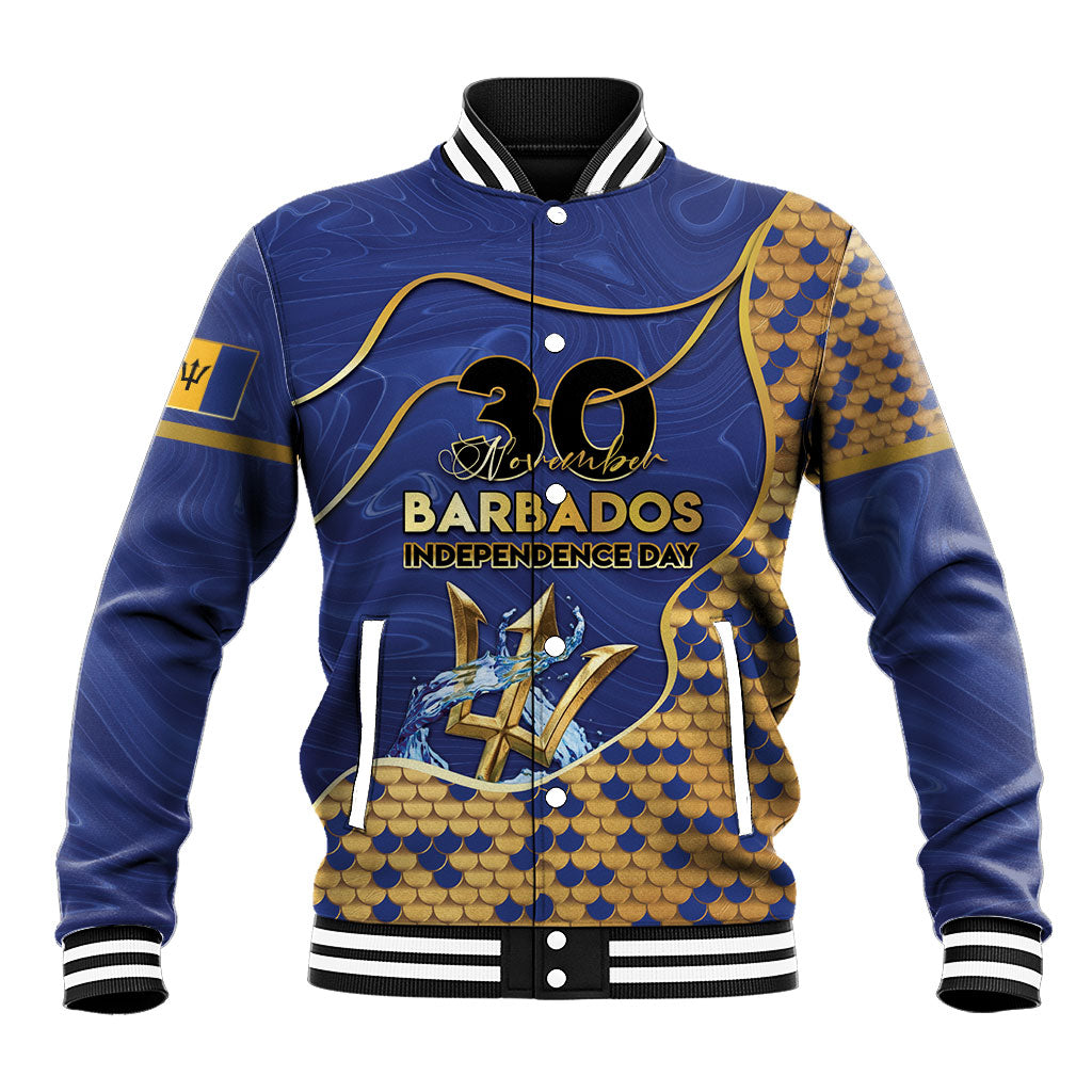 Personalized Barbados Independence Day Baseball Jacket Golden Trident Wave Scales