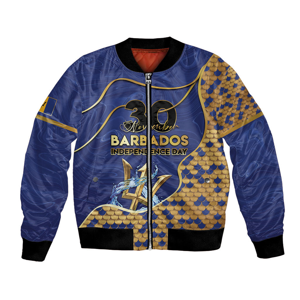 Personalized Barbados Independence Day Bomber Jacket Golden Trident Wave Scales