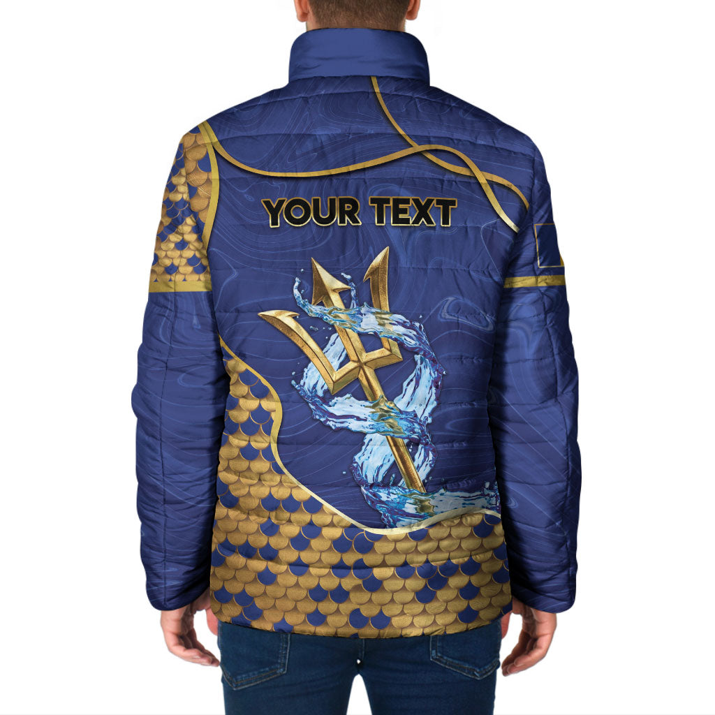 Personalized Barbados Independence Day Padded Jacket Golden Trident Wave Scales