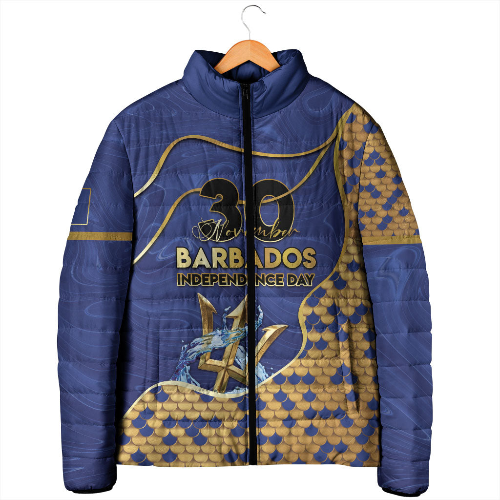 Personalized Barbados Independence Day Padded Jacket Golden Trident Wave Scales