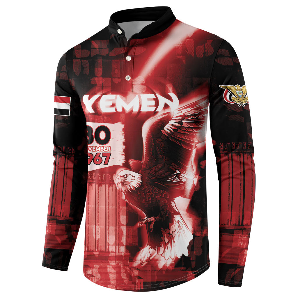 Personalized Yemen Independence Day Button Sweatshirt Soaring Eagle 1967 Crimson Grunge
