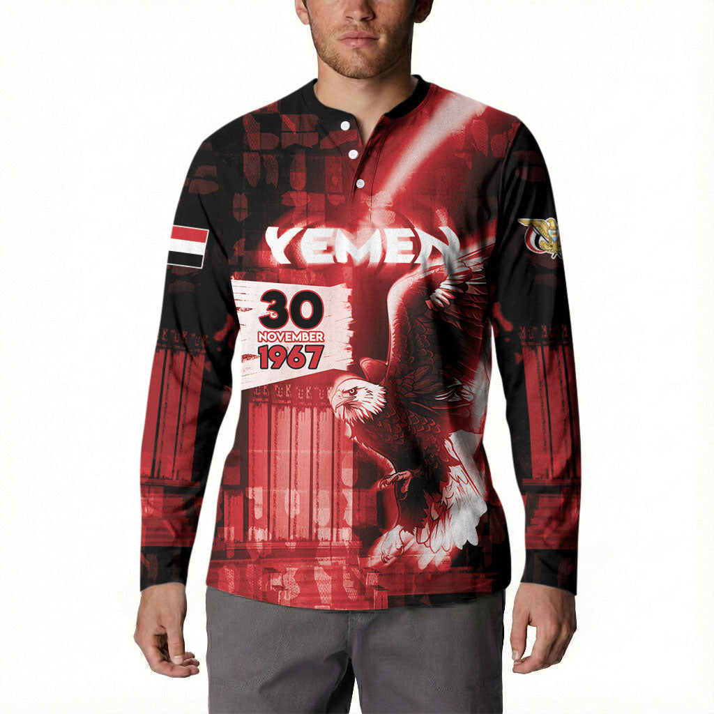 Personalized Yemen Independence Day Button Sweatshirt Soaring Eagle 1967 Crimson Grunge