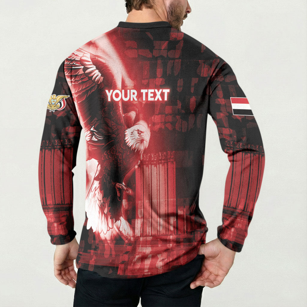 Personalized Yemen Independence Day Button Sweatshirt Soaring Eagle 1967 Crimson Grunge